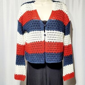 33 Degrees Patriotic Striped Crochet Long Bell Sleeve Sweater (M)